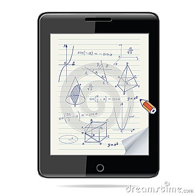 E-learning concept. Tablet computer with mathematics - geometric shapes and expressions sketches Vector Illustration