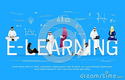 E-learning concept. Young Muslim people with tablet pc and lapto Vector Illustration