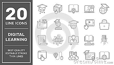 E-learning, digital learning. online education elements thin line web icon set. Outline icons collection. Simple vector Vector Illustration