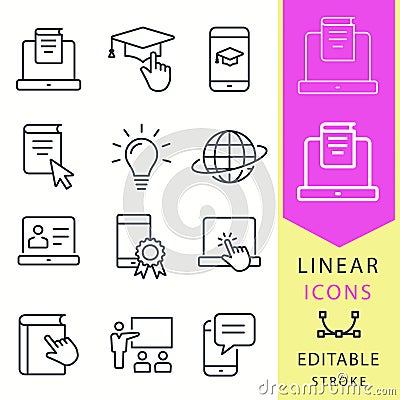 E-learning distance education icons. Set of graduation cap, training, laptop, learn online, webinar symbols. Thin line Vector Illustration