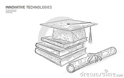 E-learning distant graduate certificate program concept. Low poly 3D render graduation cap, books, diploma polygonal Vector Illustration