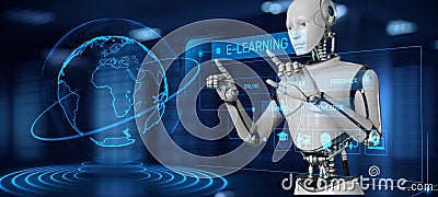 E-learning EdTech education technology concept. Robot pressing button on screen 3d render Stock Photo