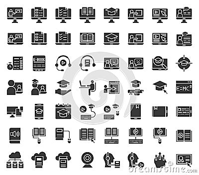 E learning and educated online icon set, solid or glyph design Vector Illustration