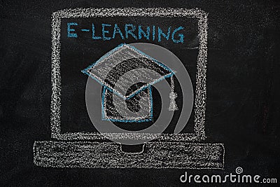 E-learning education icon on black chalkboard Stock Photo