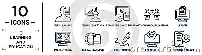 e.learning.and.education linear icon set. includes thin line self-learning, computer-based training, lesson, global learning, e Vector Illustration