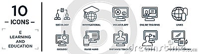 e.learning.and.education linear icon set. includes thin line sociology, vocabulary, links, raise hand, tutorial, blended learning Vector Illustration