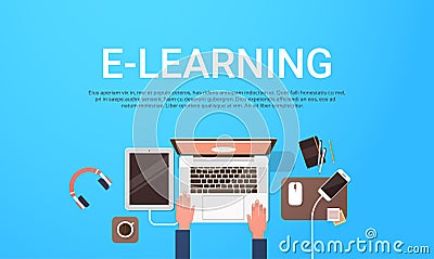 E-learning Education Online Banner With Student Laptop Computer Workplace Top View Background With Copy Space Vector Illustration