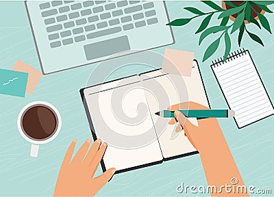 E-learning, education and university banner, student`s desktop with laptop, books and hands at home , top view Vector Illustration