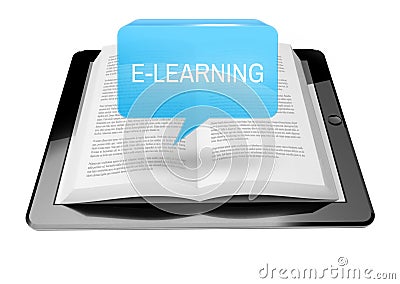 E-learning icon button above ebook reader tablet Stock Photo