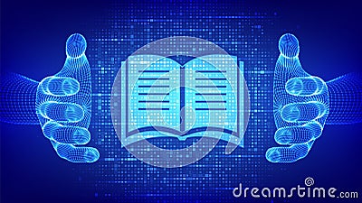 E-learning icon made with binary code in wireframe hands. Online education. Webinar, teaching, online training courses. Digital Vector Illustration