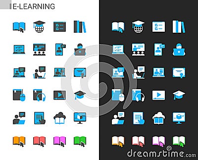 E-learning icons light and dark theme Vector Illustration