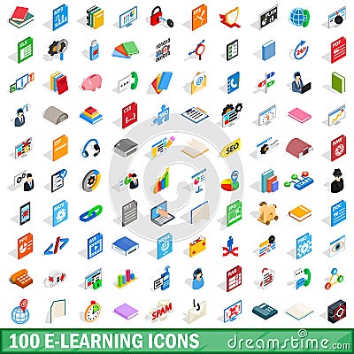 100 e-learning icons set, isometric 3d style Vector Illustration