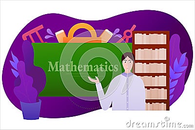 E-learning math concept, teacher standing near chalkboard, bookshelf on the background, educational web seminar Vector Illustration