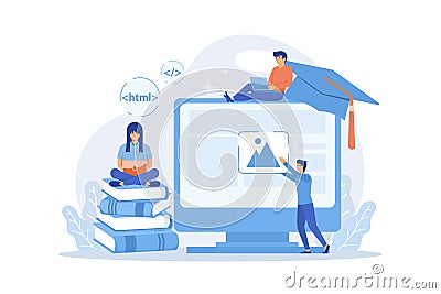 E-learning, online classes and webinars. Remote IT studying. Web development courses, web development programming, Vector Illustration