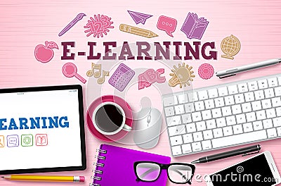 E-learning online courses vector background. E-learning text for woman with computer elements Vector Illustration