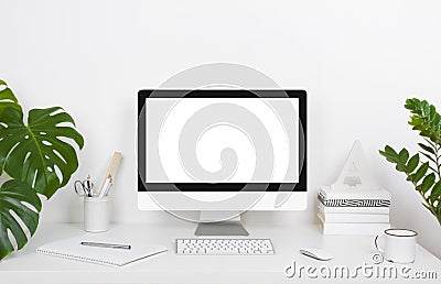 E-learning online education concept with computer monitor and stationery products Stock Photo