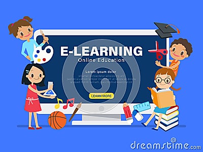 E-learning online education concept illustration. Group of children with learning activities Vector Illustration