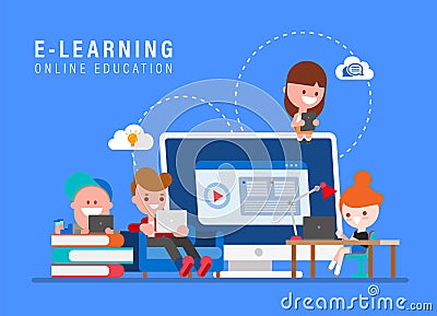 E-learning online education concept illustration. Kids studying at home via internet. Young people cartoon in flat design style Vector Illustration