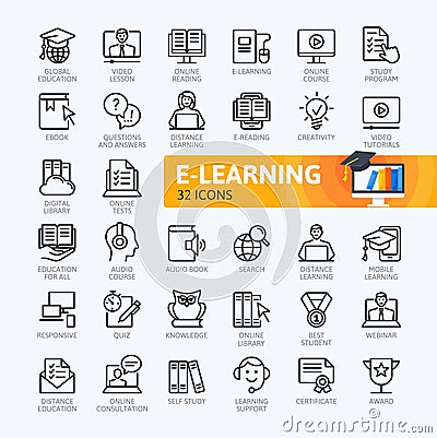 E-learning, online education elements - minimal outline icons collection Vector Illustration