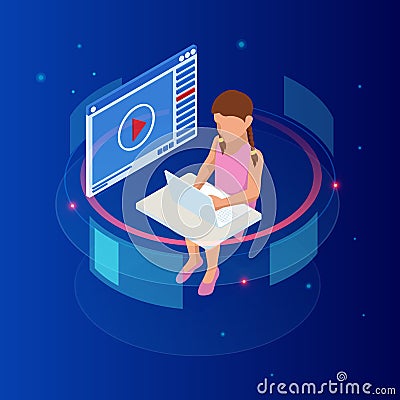 E-learning, Online Education at Home. Isometric concept for Digital Reading, E-classroom Textbook, Modern Education Vector Illustration