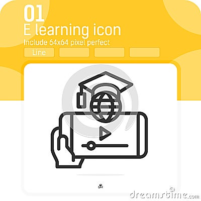 E learning on smartphone icon with outline style isolated on white background. Vector illustration Elearning sign symbol icon Vector Illustration