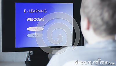 E-learning word on pc screen. Online education concept, distance courses or webinar log in page Stock Photo