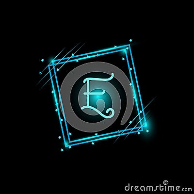 E letter glowing logo design in a rectangle banner Vector Illustration