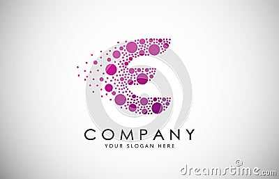E Letter Logo with Dispersion Effect and Dots, Bubbles, Circles. Vector Illustration