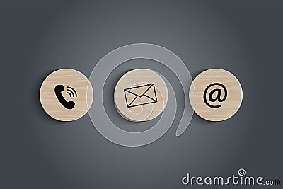 E-mail address ,telephone number and letter icons print screen on circle wooden block on table. Vector Illustration