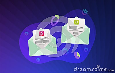 E-mail AB split testing illustration concept - two promotional mails with a different web development UI interface Vector Illustration