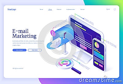 E-mail business marketing isometric landing page Vector Illustration