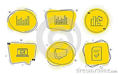 E-mail, Column chart and Speech bubble icons set. Bar diagram, Decreasing graph and Checked file signs. Vector Vector Illustration