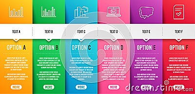 E-mail, Column chart and Speech bubble icons set. Bar diagram, Decreasing graph and Checked file signs. Vector Vector Illustration
