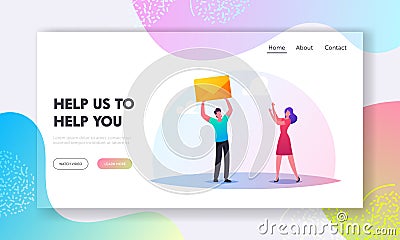 E-mail Communication Landing Page Template. Characters Sending or Getting Messages. Tiny Man Giving Huge Yellow Envelope Vector Illustration