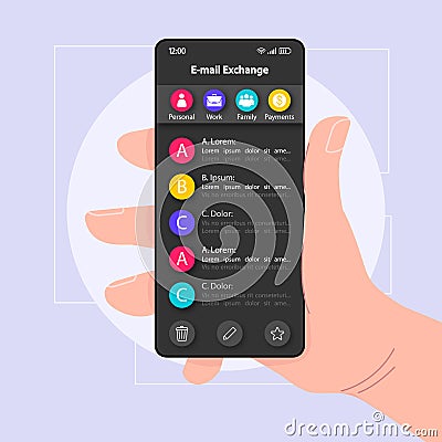 E-mail exchange menu smartphone interface vector template. Mobile app page black design layout. Incoming mail organizer Vector Illustration
