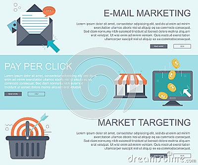E mail marketing, pay per click and market targeting banners. Flat vector Cartoon Illustration