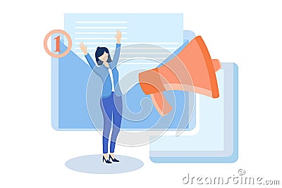 E-mail marketing and promotion illustration. Characters sending advertising mails and promotional offers with sales and discounts Vector Illustration