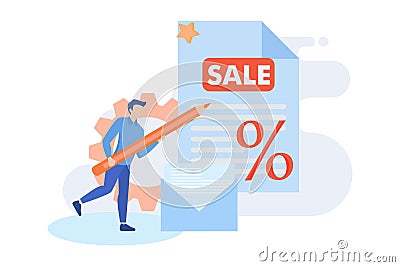 E-mail marketing and promotion scenes. Characters sending advertising mails and promotional offers with sales and discounts. Vector Illustration