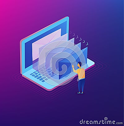 E-mailing notification isometric concept. Isometric modern mail. Email marketing on the laptop screen. Vector illustration eps10 Vector Illustration