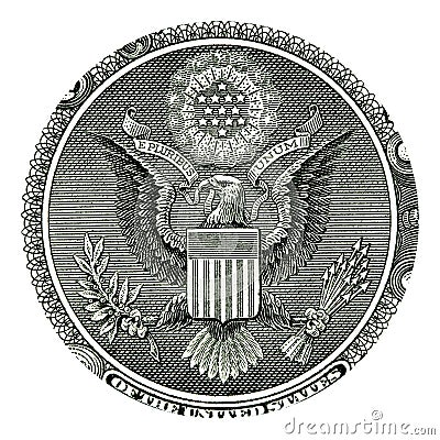 E Pluribus Unum Seal on US One Dollar Bill Stock Photo