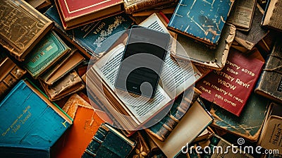 E-reader sits atop a stack of vintage hardcover books Stock Photo