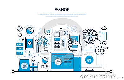 E-shop. Online ordering system of products, secure payment, technical support. Vector Illustration