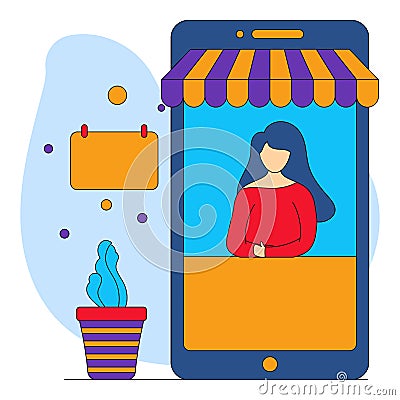 E-Shop In Smartphone Screen With Faceless Woman, Calendar, Plant Pot On Blue And White Stock Photo