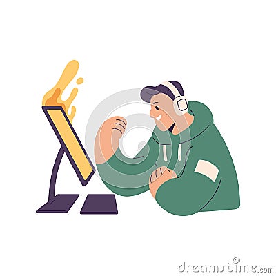 E-sport fan at computer. Young gamer, player in headphones playing video game at desktop PC. Watching online stream Vector Illustration