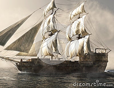 Side view of a pirate ship vessel sailing through the fog . Stock Photo