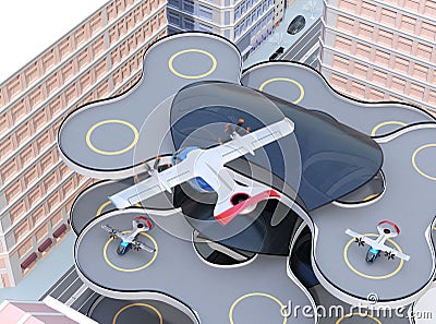 E-VTOL passenger aircraft closing to airport prepare to landing Stock Photo