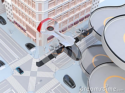 E-VTOL passenger aircraft flying over urban street Stock Photo