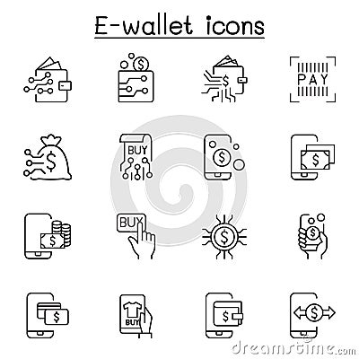 E-wallet, digital money, mobile banking icon set in thin line style Vector Illustration