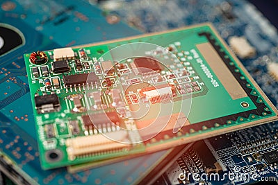 E-waste electronic, computer circuit cpu chip mainboard core processor electronics device, concept of data, hardware, technician Stock Photo