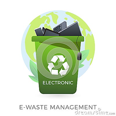 E-waste management concept - waste recycle container bin with old electronic equipment - laptop, phone, keyboard, mouse, computer Vector Illustration